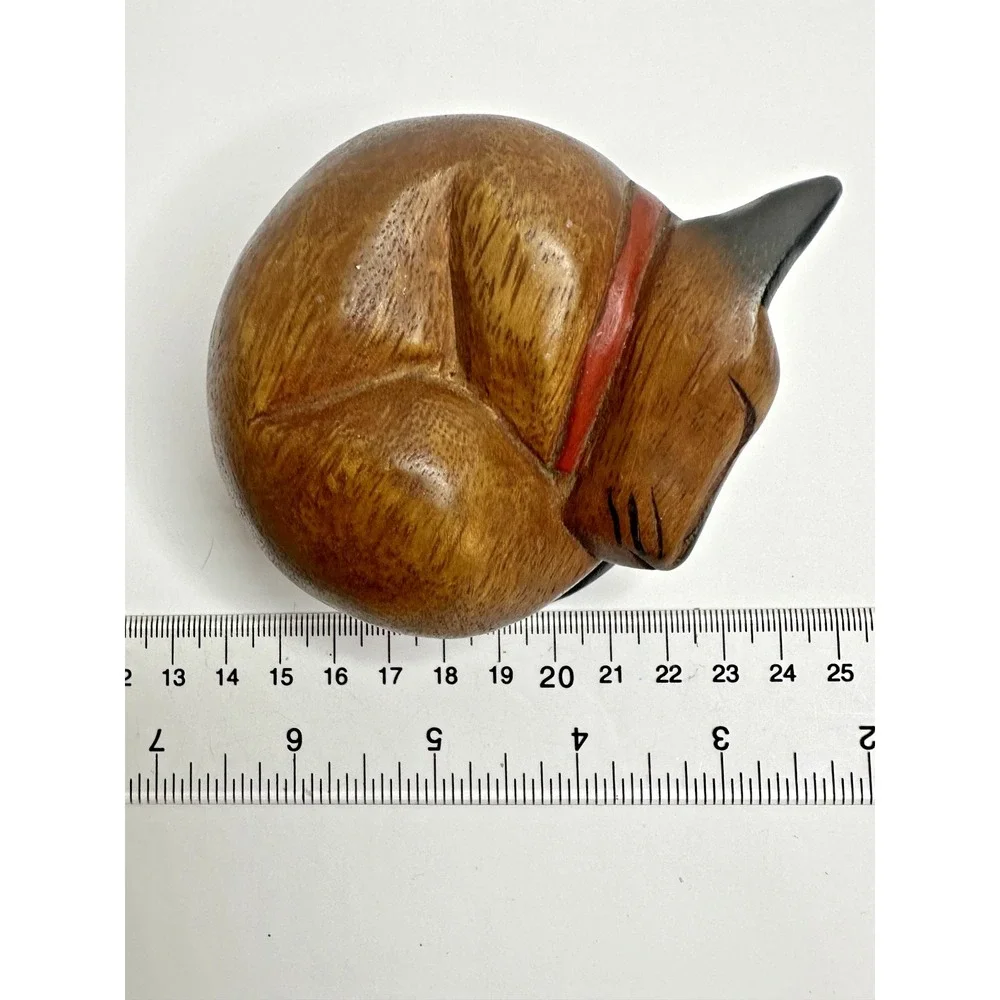 Wooden Siamese Cat Fox Figure Curled Up Sleeping Hand Carved Folk Art Rustic VTG